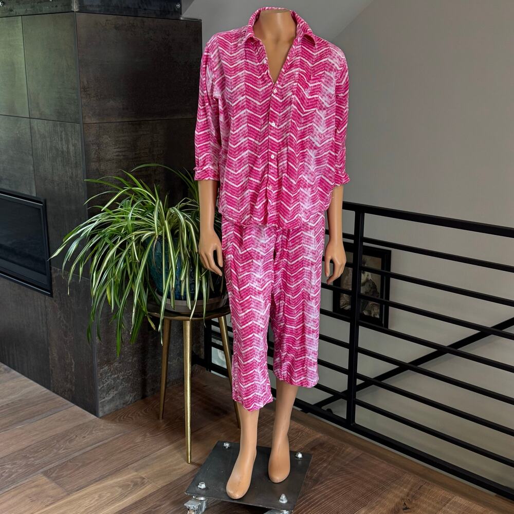 Lauren Ralph Lauren Pink Pajama Set M Ikat Chevron Two Piece Crop Capri Lounge